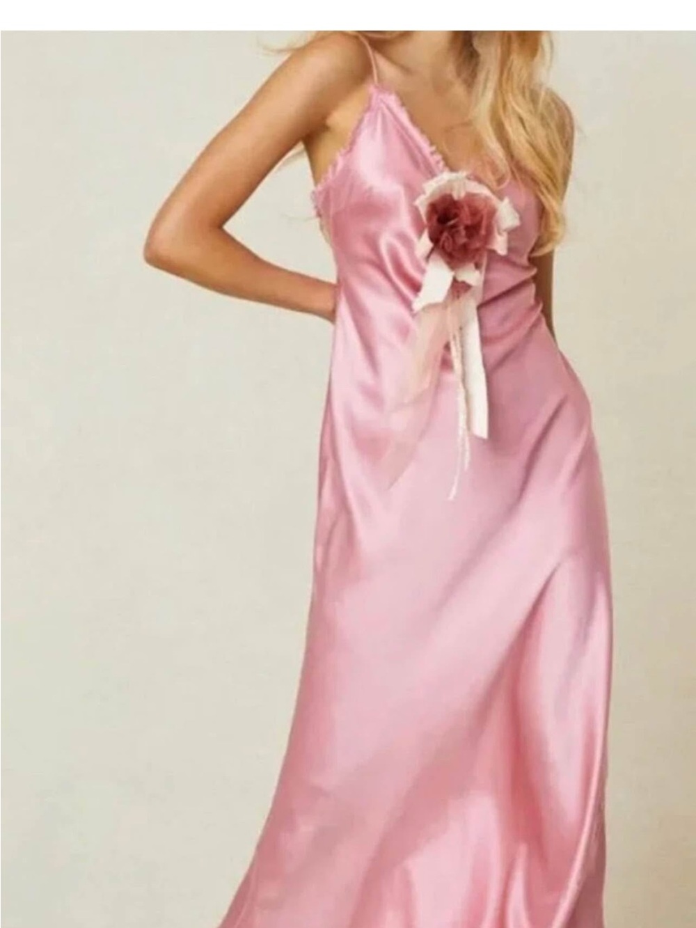 LoveShackFancy Pink Satin Maxi Slip Dress with Floral Rosette